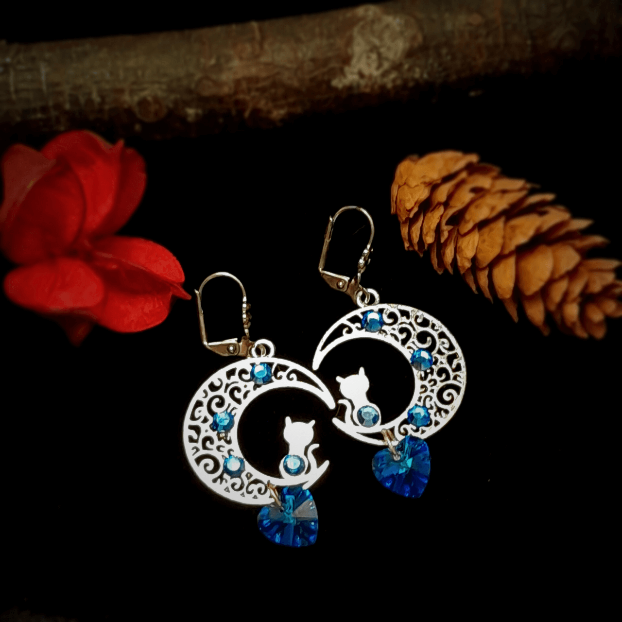 Blue Cat Moon Heart Earrings
