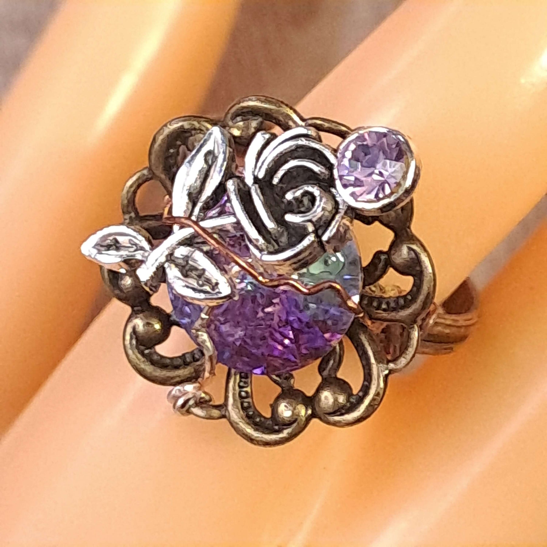 Purple Crystal Rose Adjustable Ring