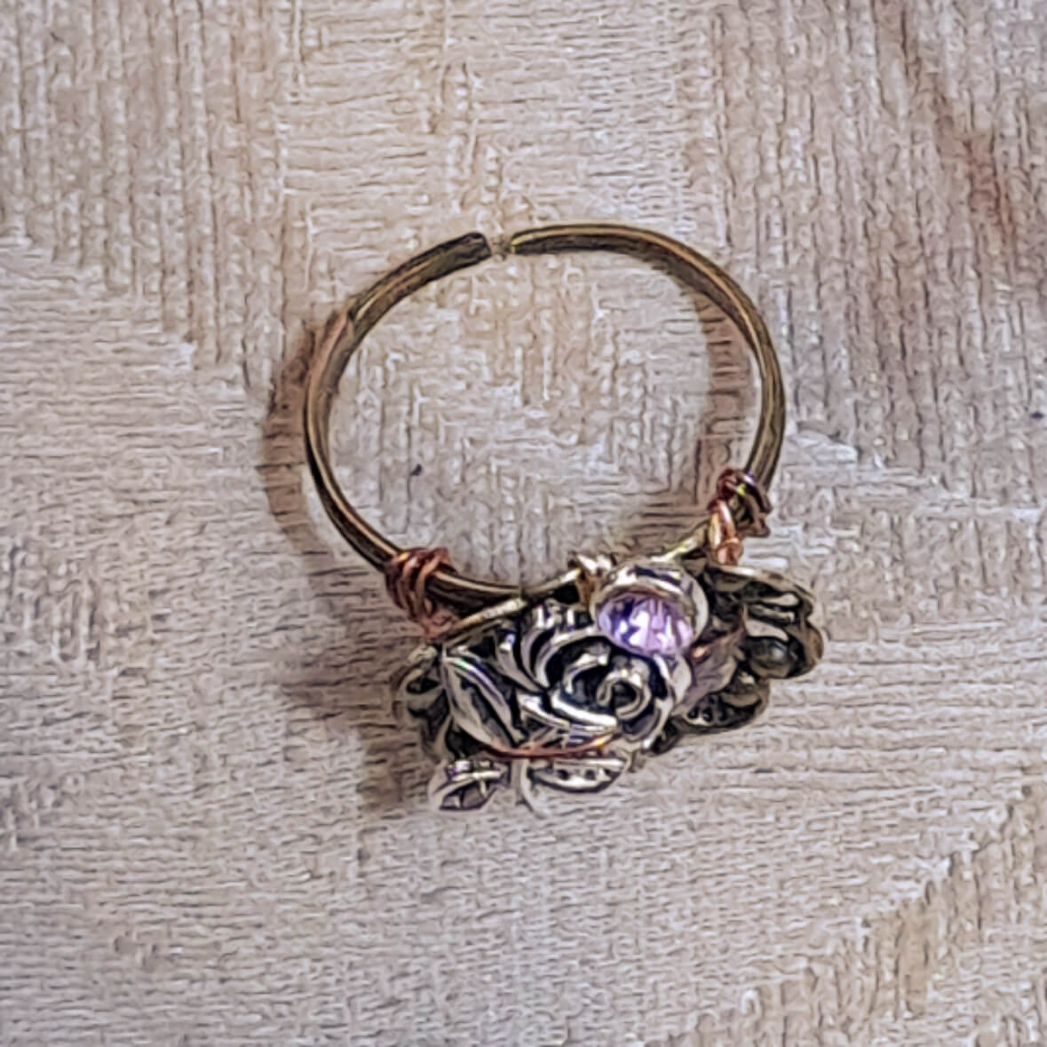 Purple Crystal Rose Adjustable Ring