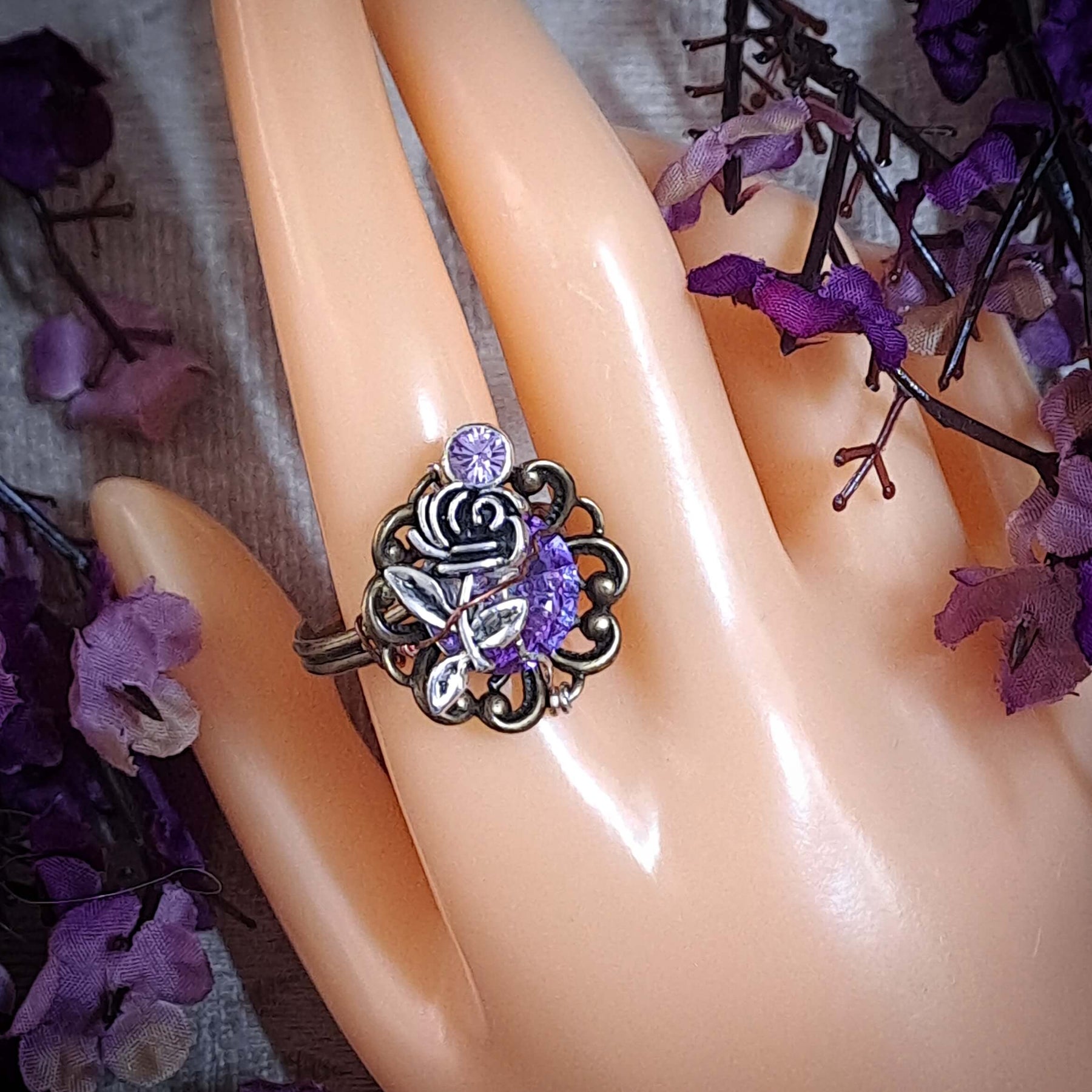 Purple Crystal Rose Adjustable Ring