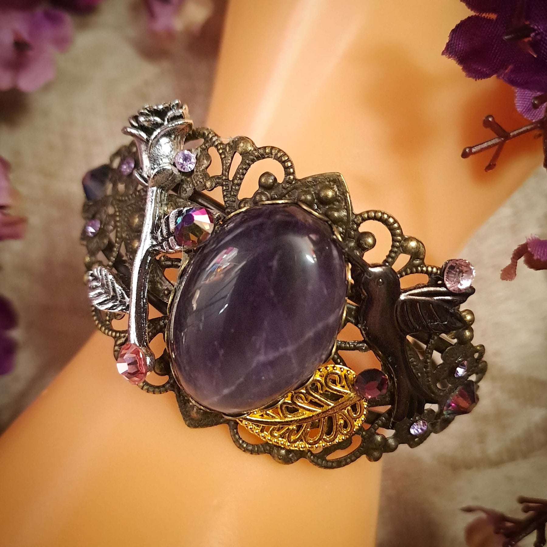 Amethyst Hummingbird Adjustable Bracelet