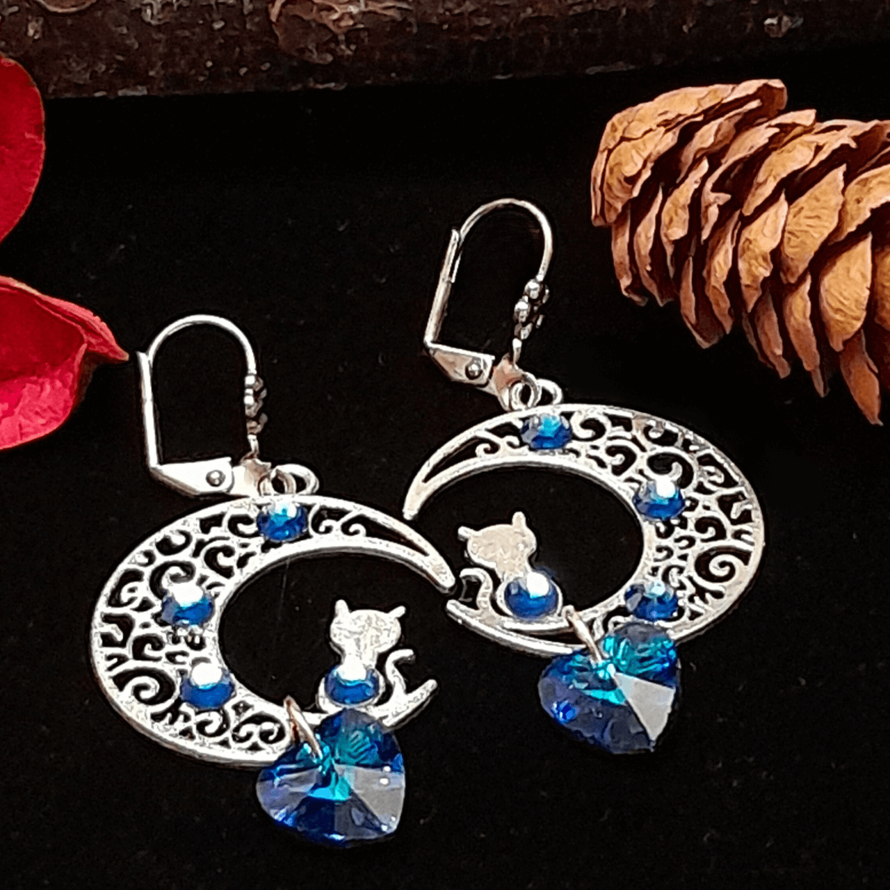 Blue Cat Moon Heart Earrings