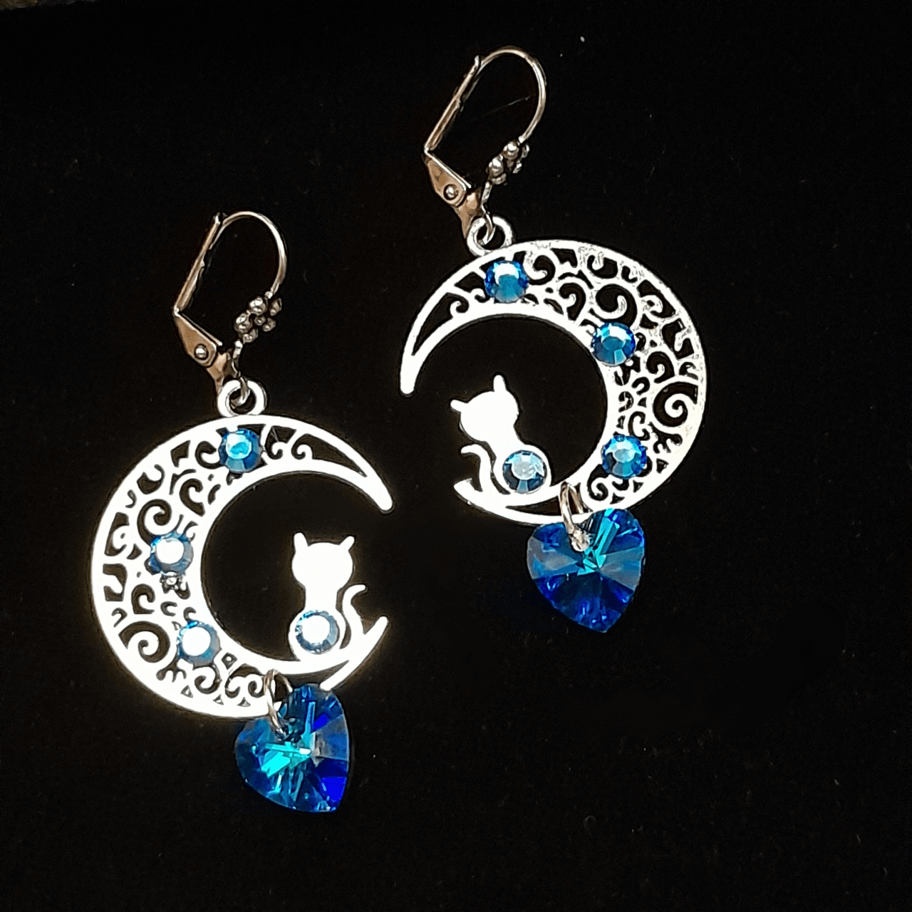 Blue Cat Moon Heart Earrings