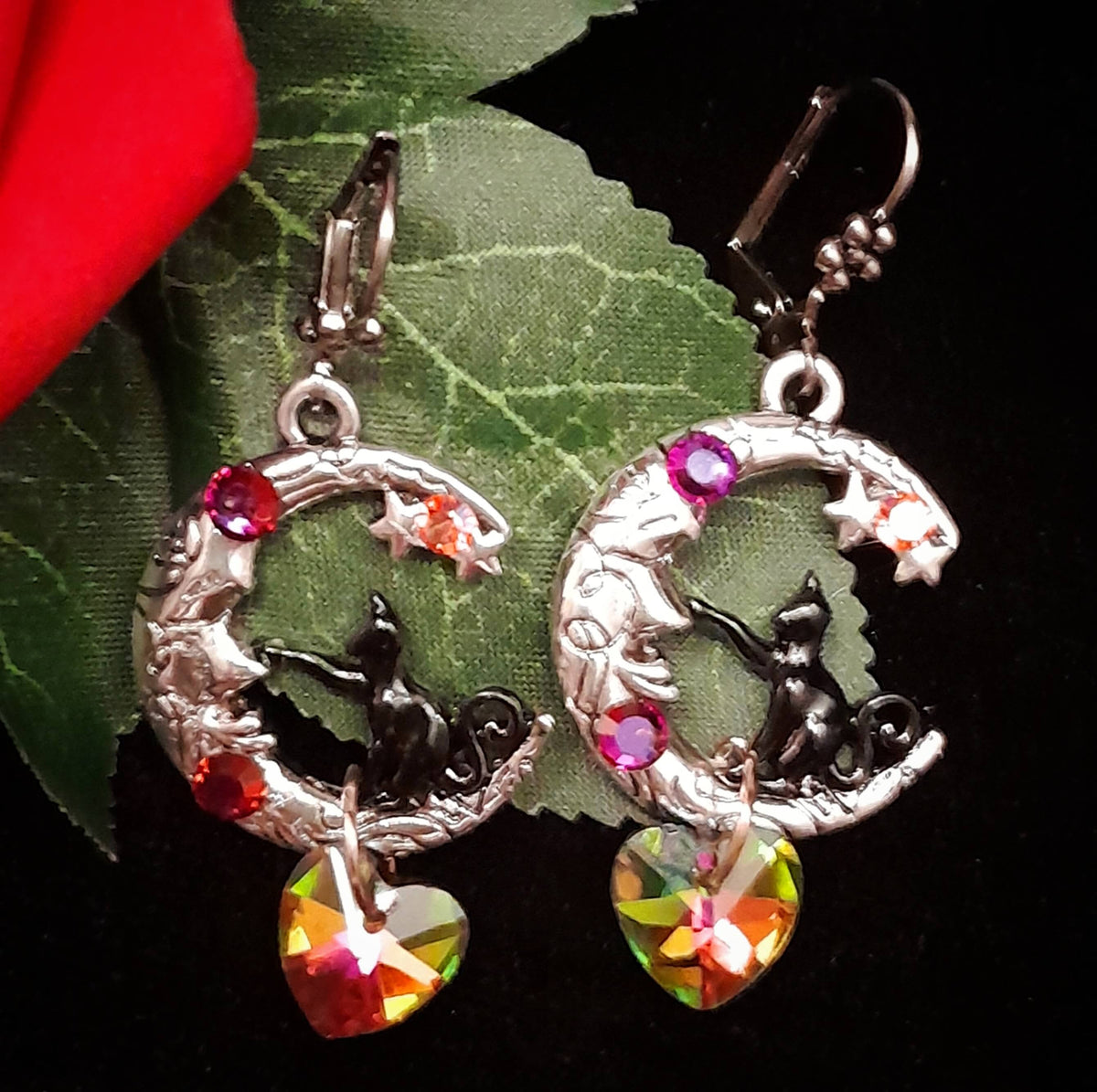 Cat Moon Earrings |Crystal Hearts