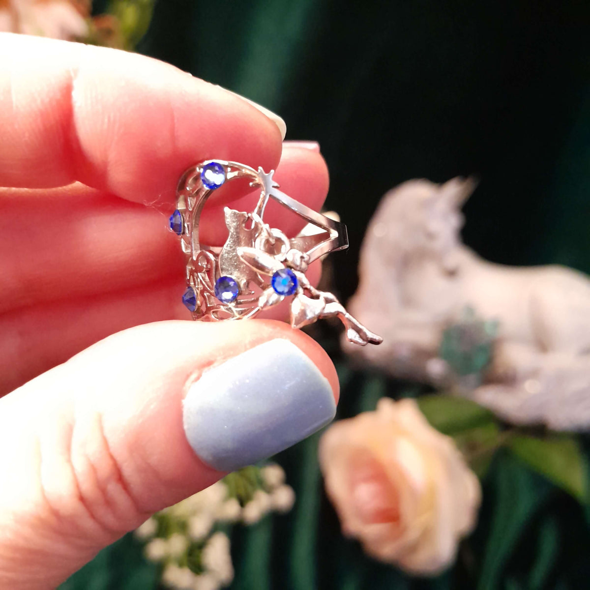 Cat Moon Fairy Blue Crystal Ring - Size 9