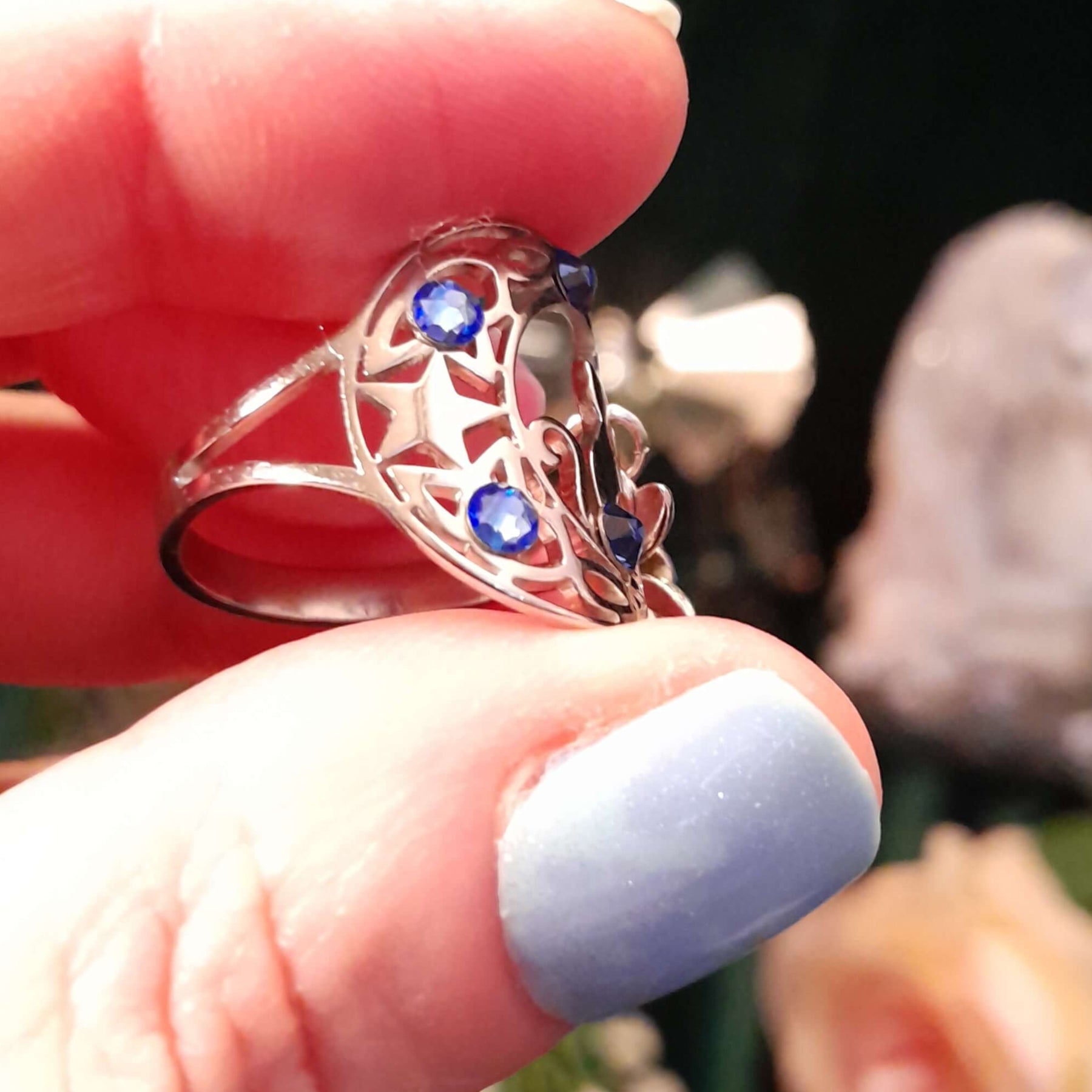 Cat Moon Fairy Blue Crystal Ring - Size 9