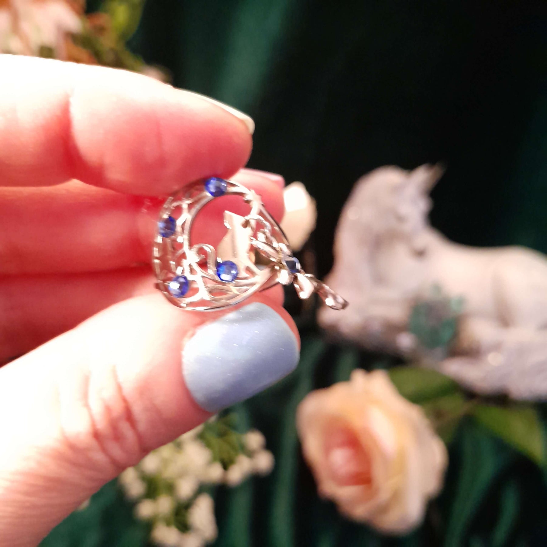 Cat Moon Fairy Blue Crystal Ring - Size 9