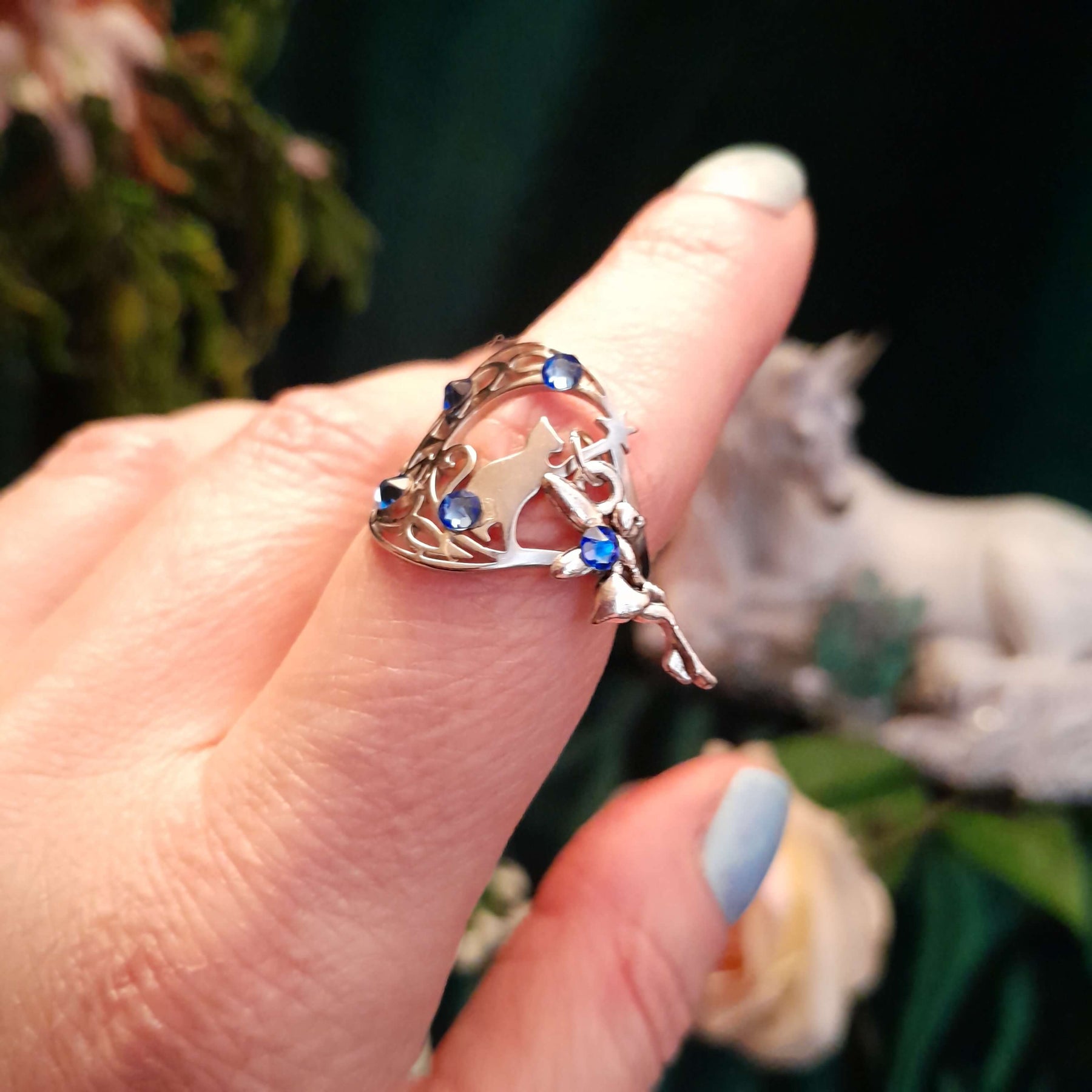 Cat Moon Fairy Blue Crystal Ring - Size 9