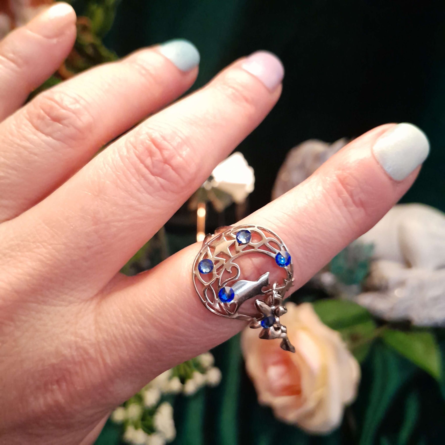 Cat Moon Fairy Blue Crystal Ring - Size 9