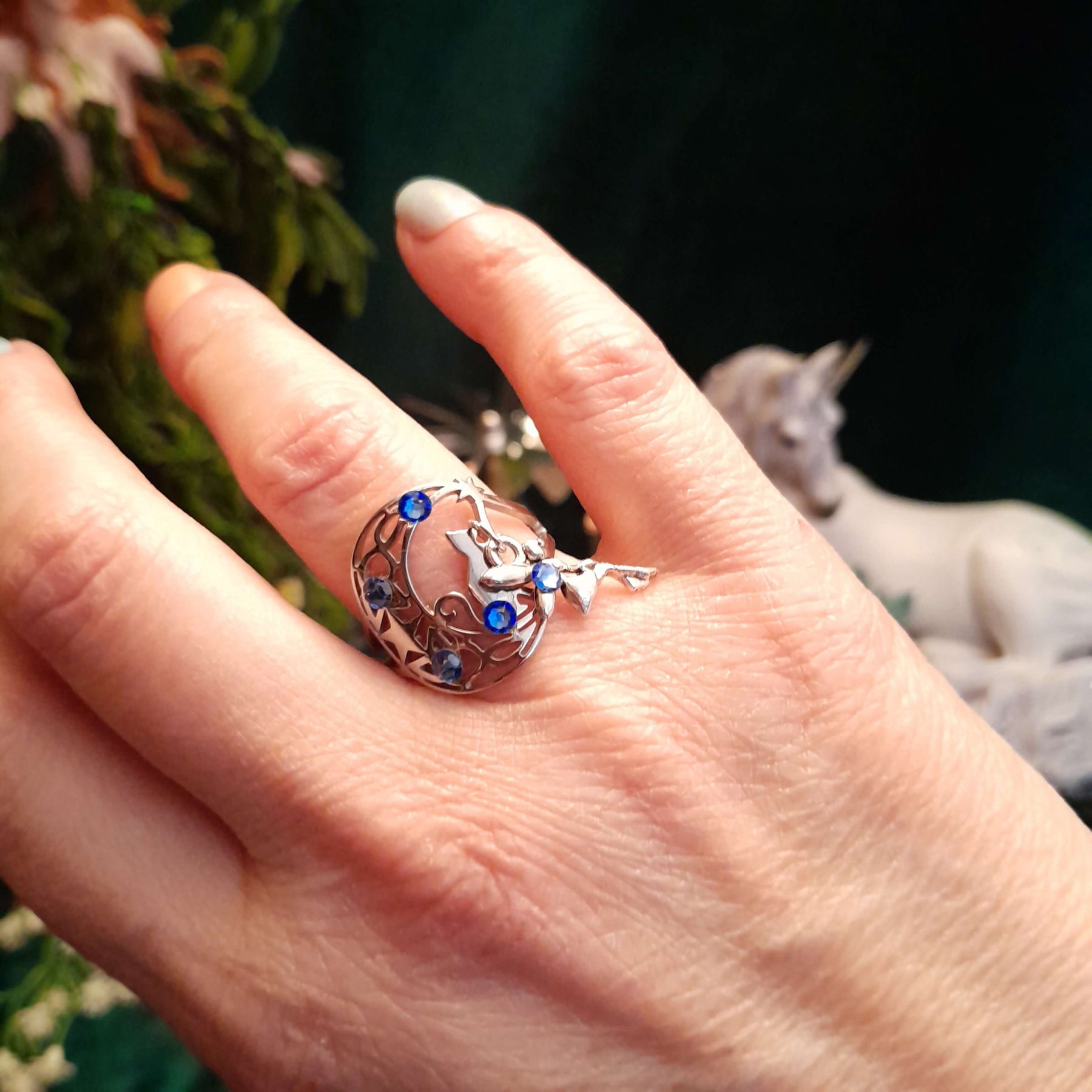 Cat Moon Fairy Blue Crystal Ring - Size 9