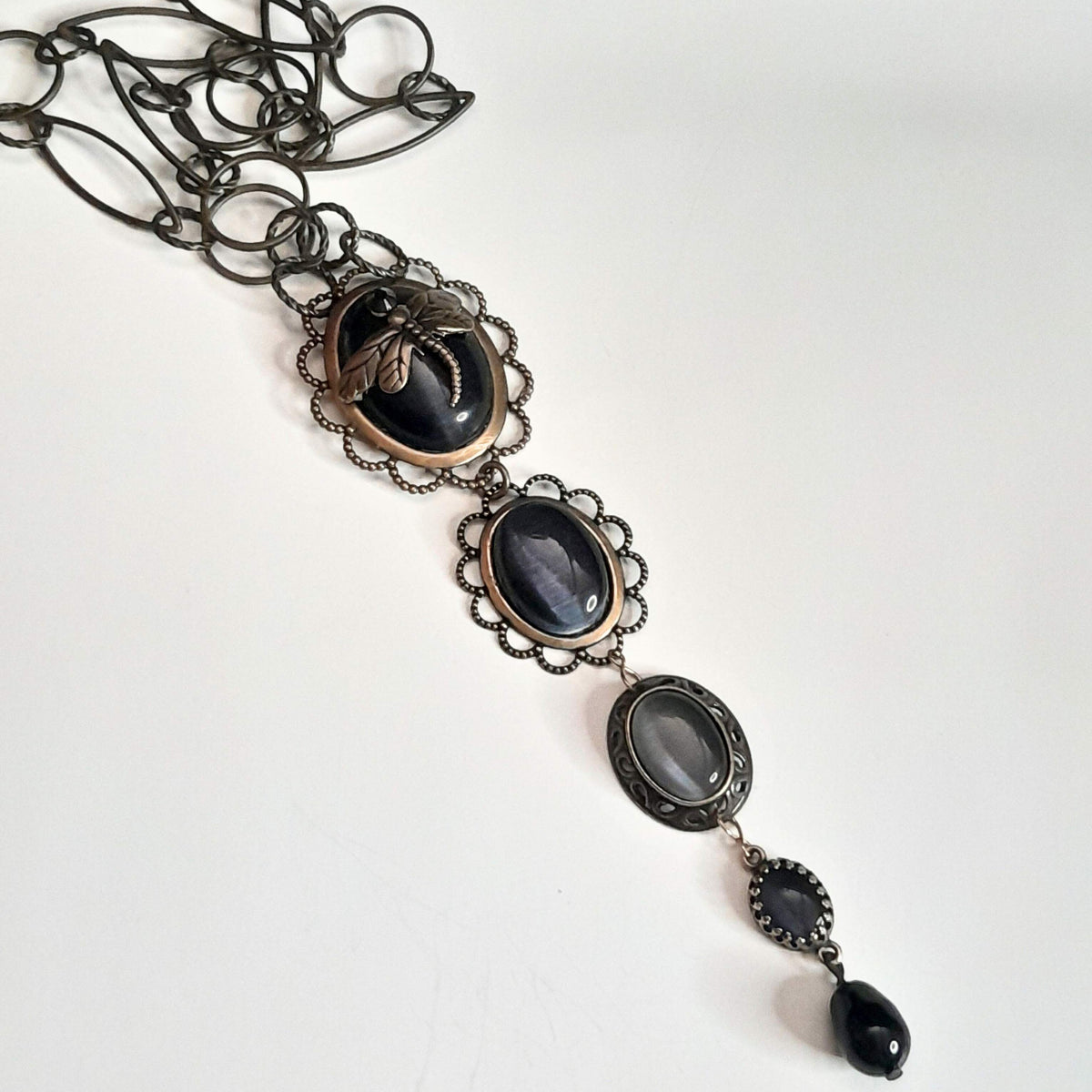 Black Dragonfly Necklace Cat's Eyes