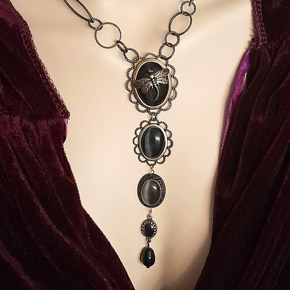 Black Dragonfly Necklace Cat's Eyes