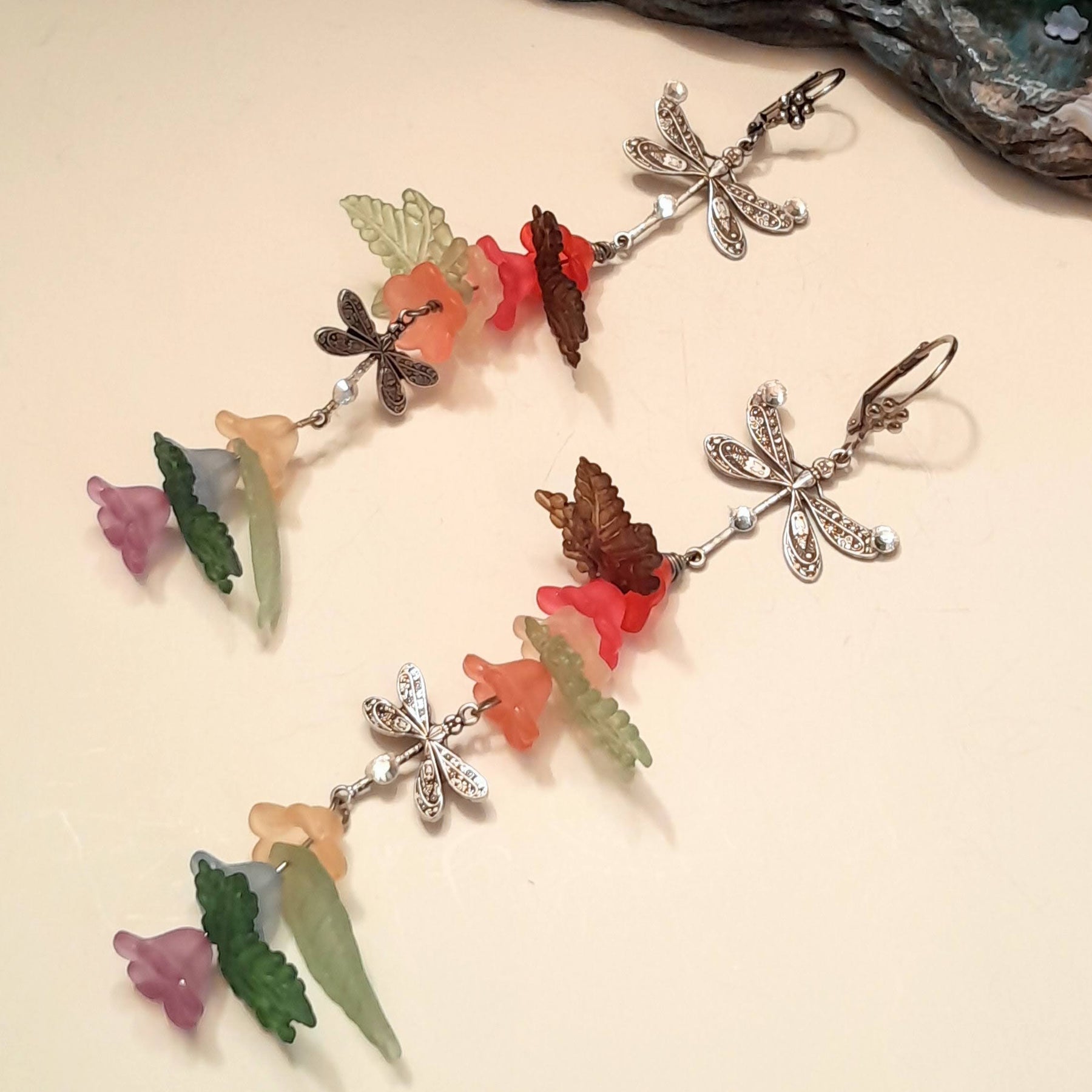Extra Long Dangle Dragonfly Flower Earrings
