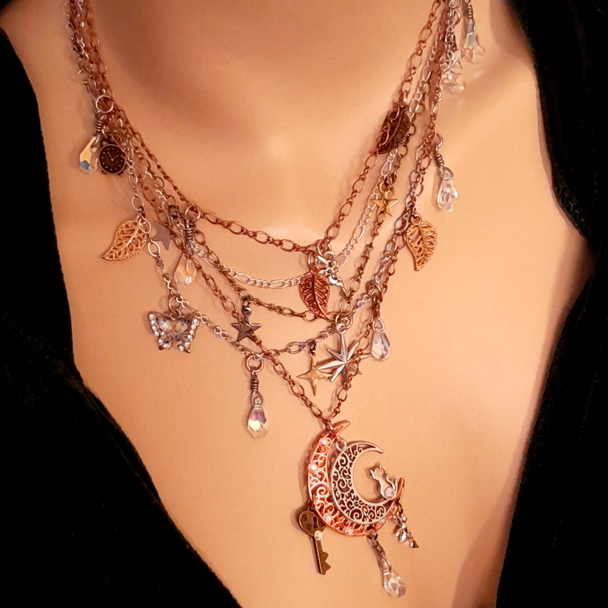 Alternative wedding jewelry – multi-chain layered Swarovski crystal necklace, celestial handmade bridal designer piece