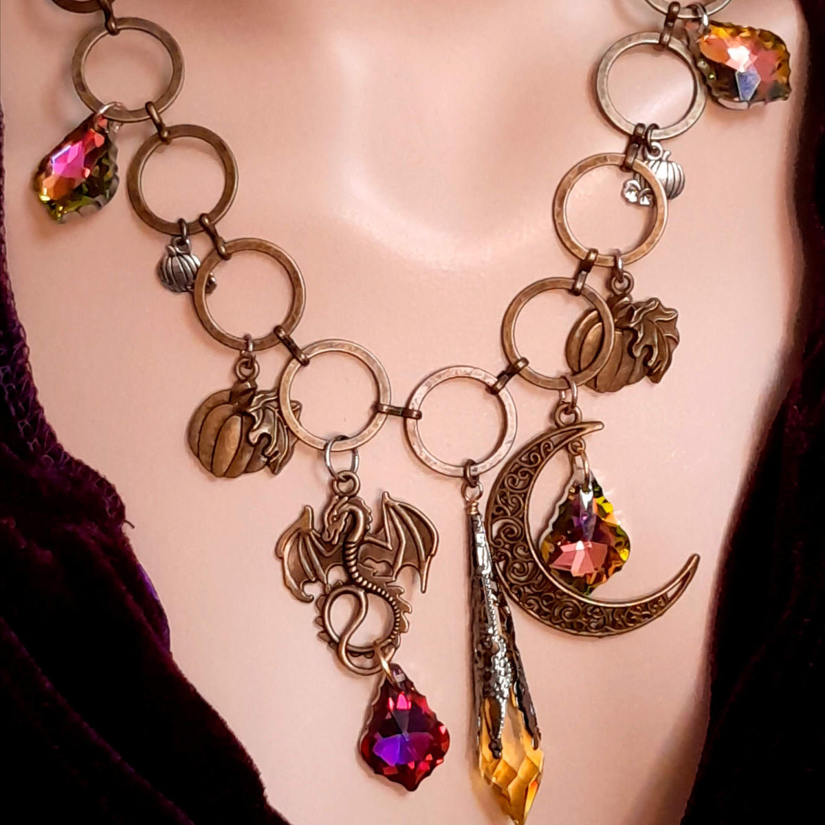 statement necklace with pumpkins dragon leaves brass filigree moon baroque crystals and swarovski yellow icicle crystal round links unique chain