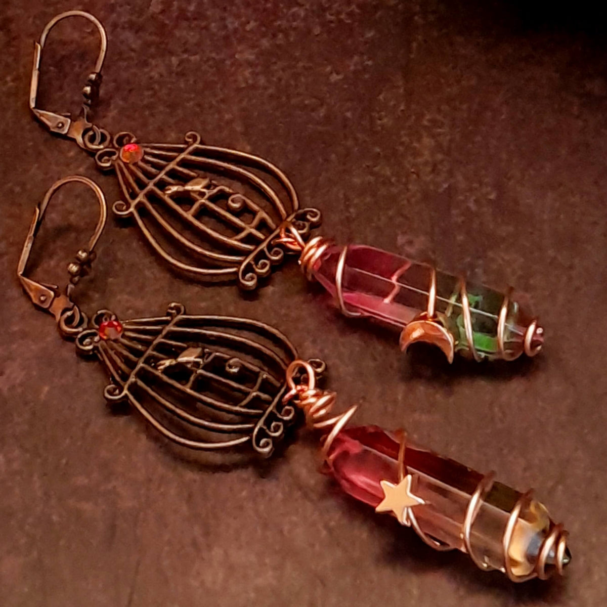bird cage earrings with bird and multi color dangling crystal