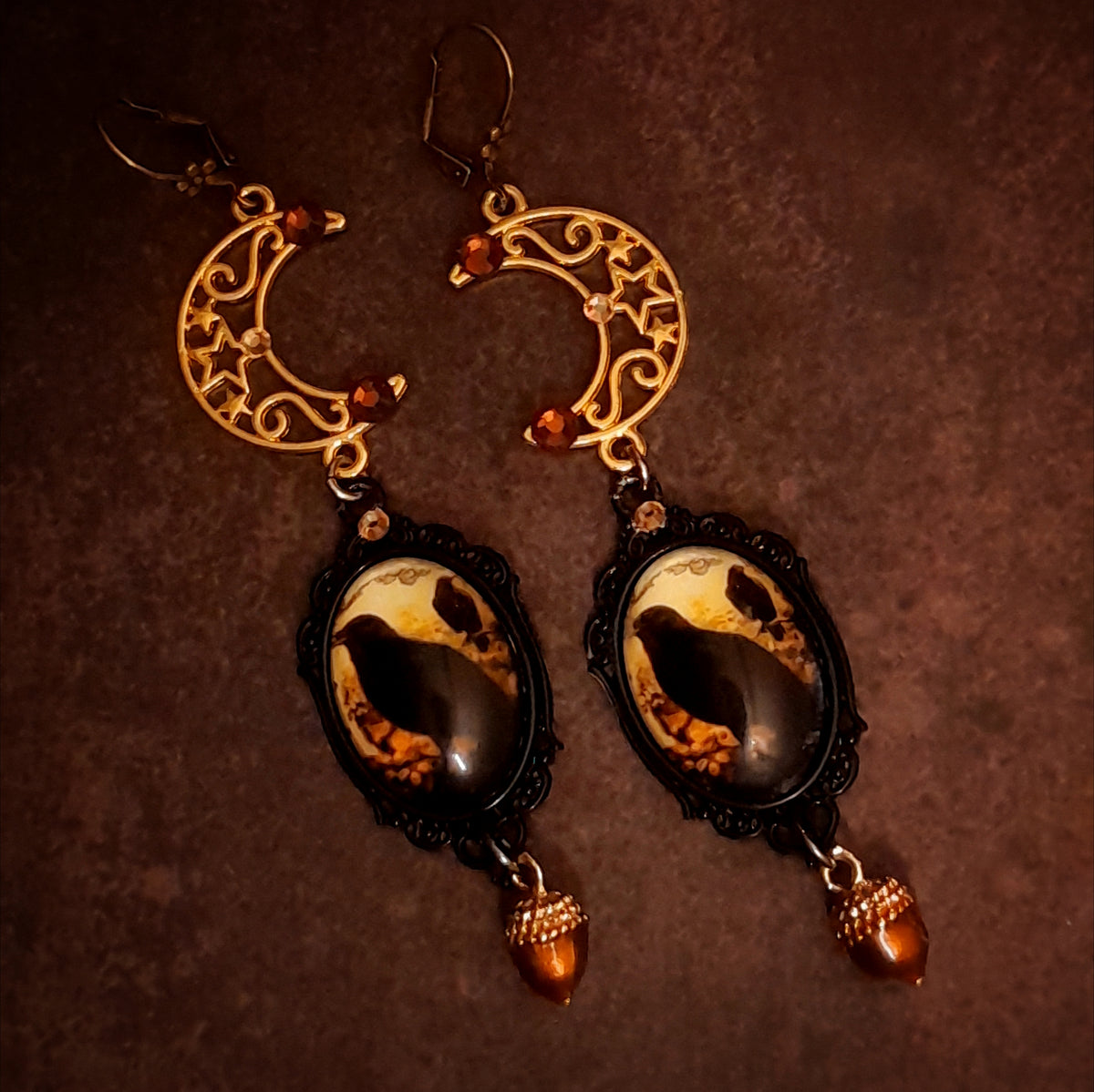 Victorian style black crow and crescent moon long dangle earrings with Swarovski crystals and acorn drops, vintage style nature Halloween jewelry, Rachel Flam Design