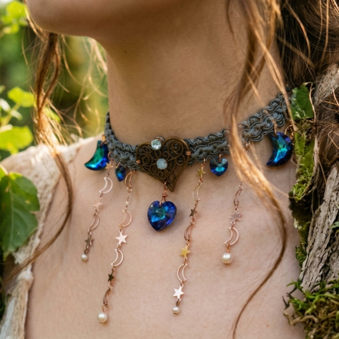 Blue bridal necklace – handmade designer celestial wedding jewelry with blue Swarovski crystal moon and heart charms, magical fantasy vintage style