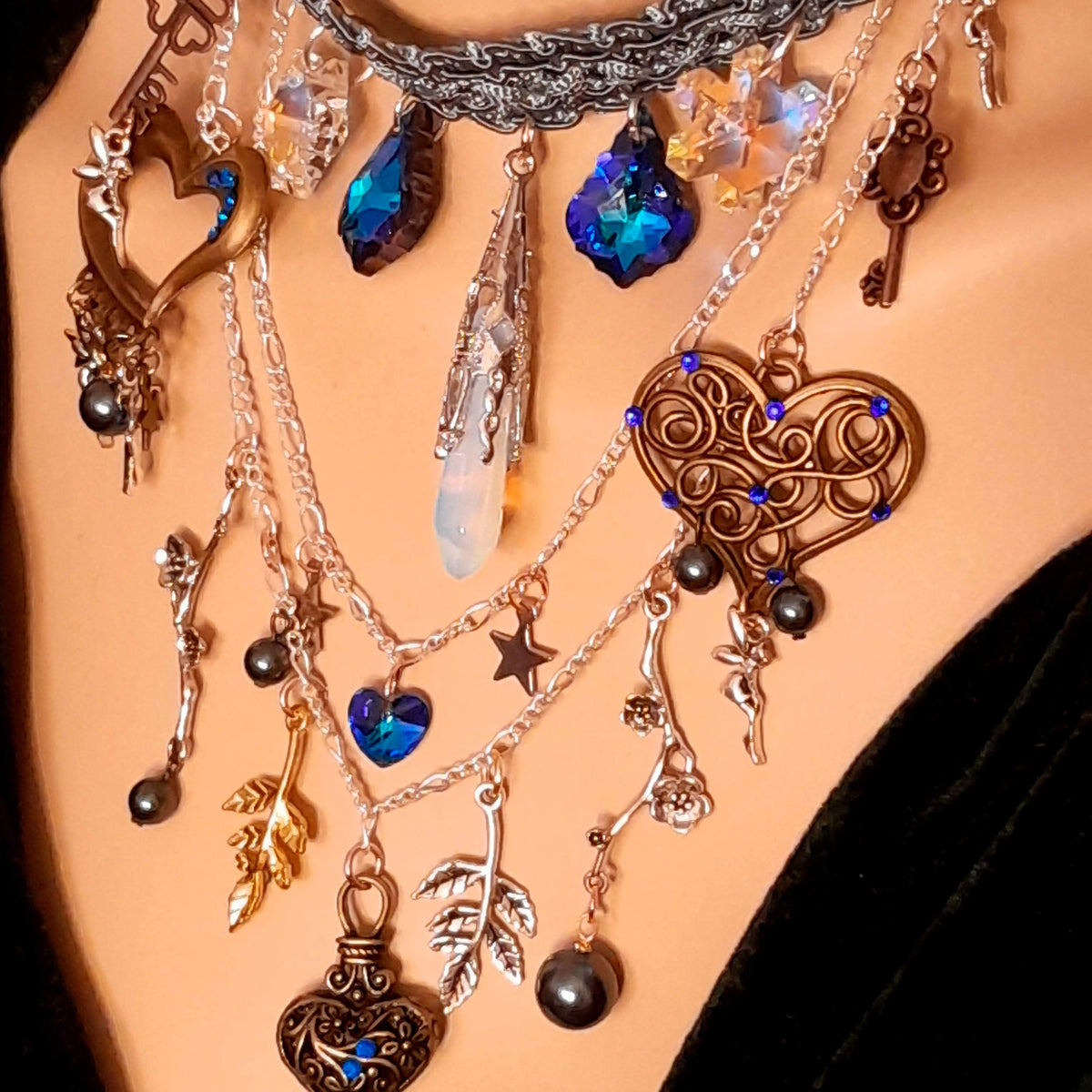 Blue celestial bridal necklace – magical fantasy handmade designer something blue wedding jewelry with world-renowned genuine Swarovski crystals, fairy and flower charms, boho vintage style