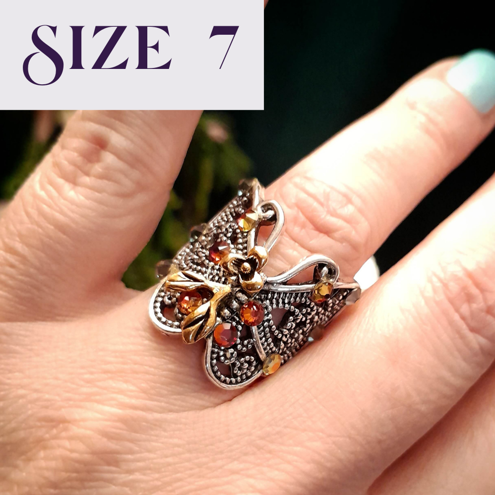 Butterfly Flower Filigree Ring - Size 7