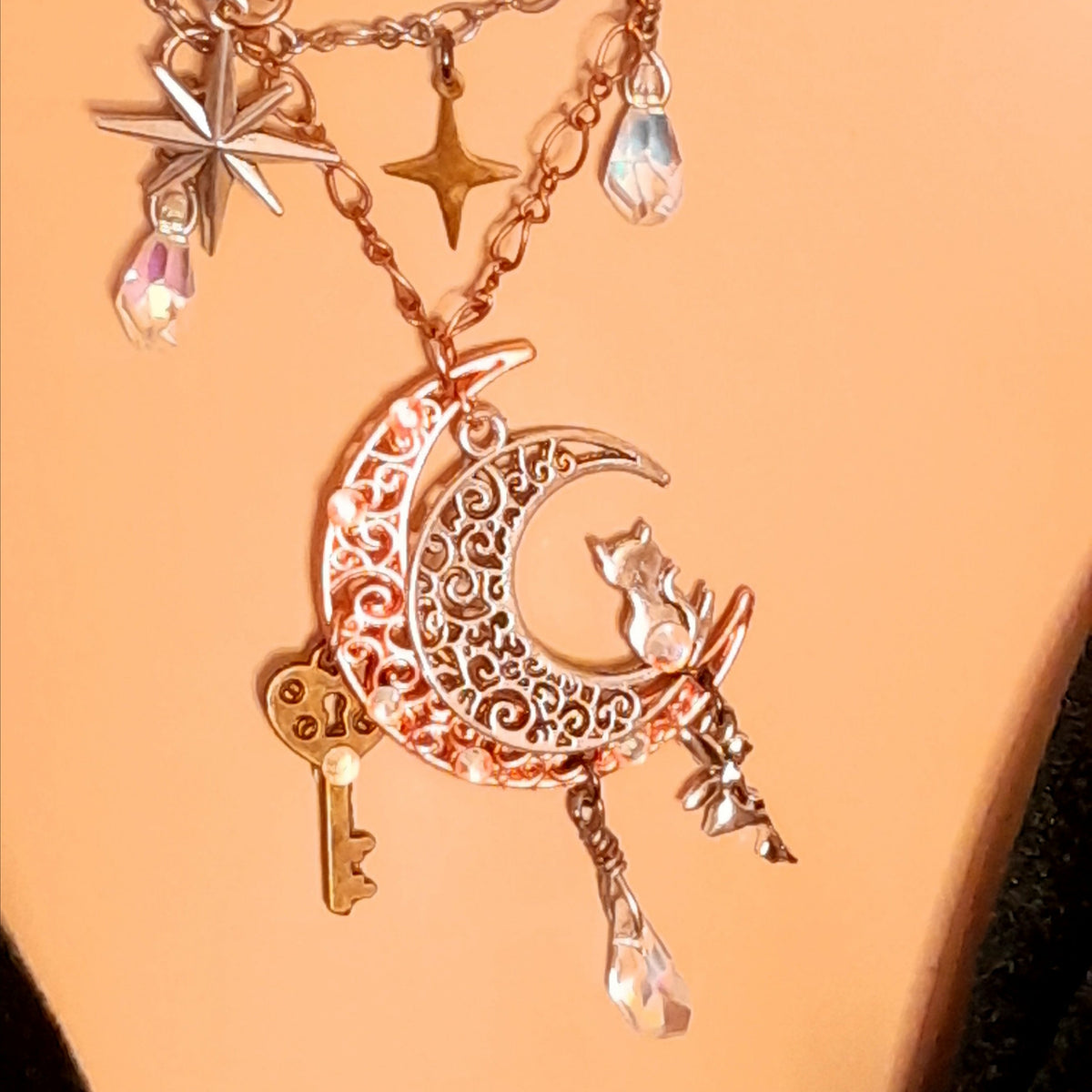 Celestial boho wedding necklace – multi-chain layered Swarovski crystal bridal jewelry, non-traditional handmade design