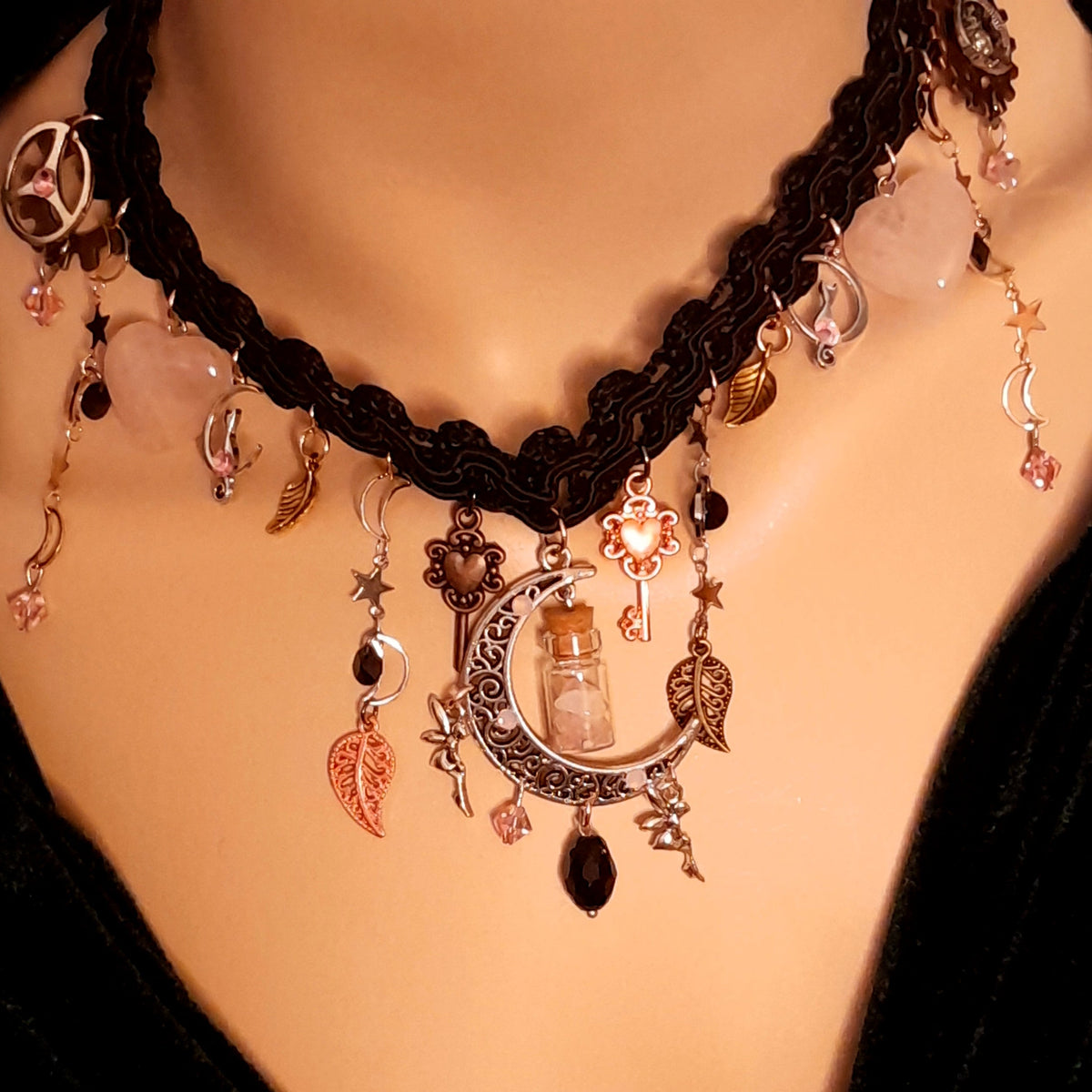 Dark romantic choker necklace – magical fantasy black fabric gothic bridal jewelry with world-renowned genuine Swarovski jet black crystals, handmade designer Victorian vintage style