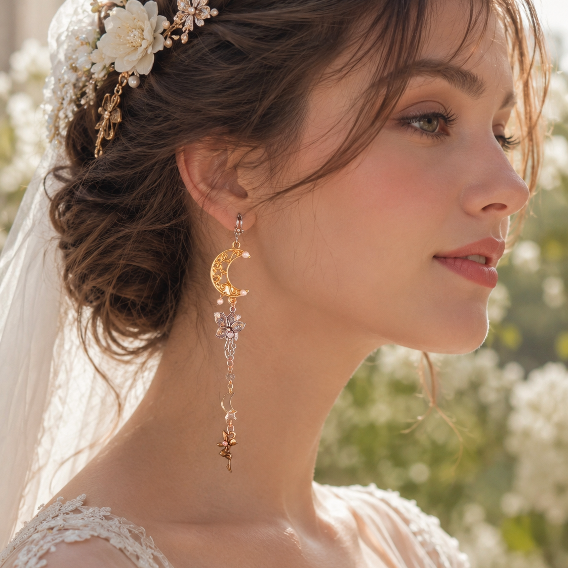 Victorian style vintage style extra long celestial fairy bridal earrings with world-renowned genuine Swarovski crystals and pearls handmade fantasy wedding jewelry Rachel Flam Design