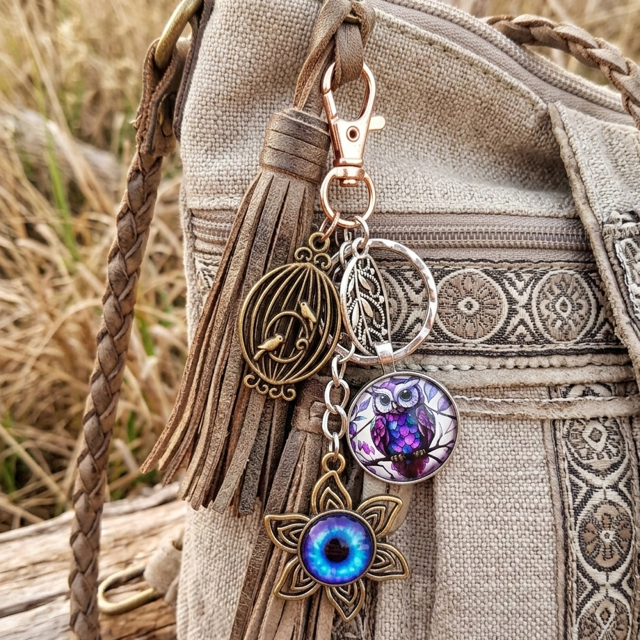 purse charm key chain zipper pull owl magical