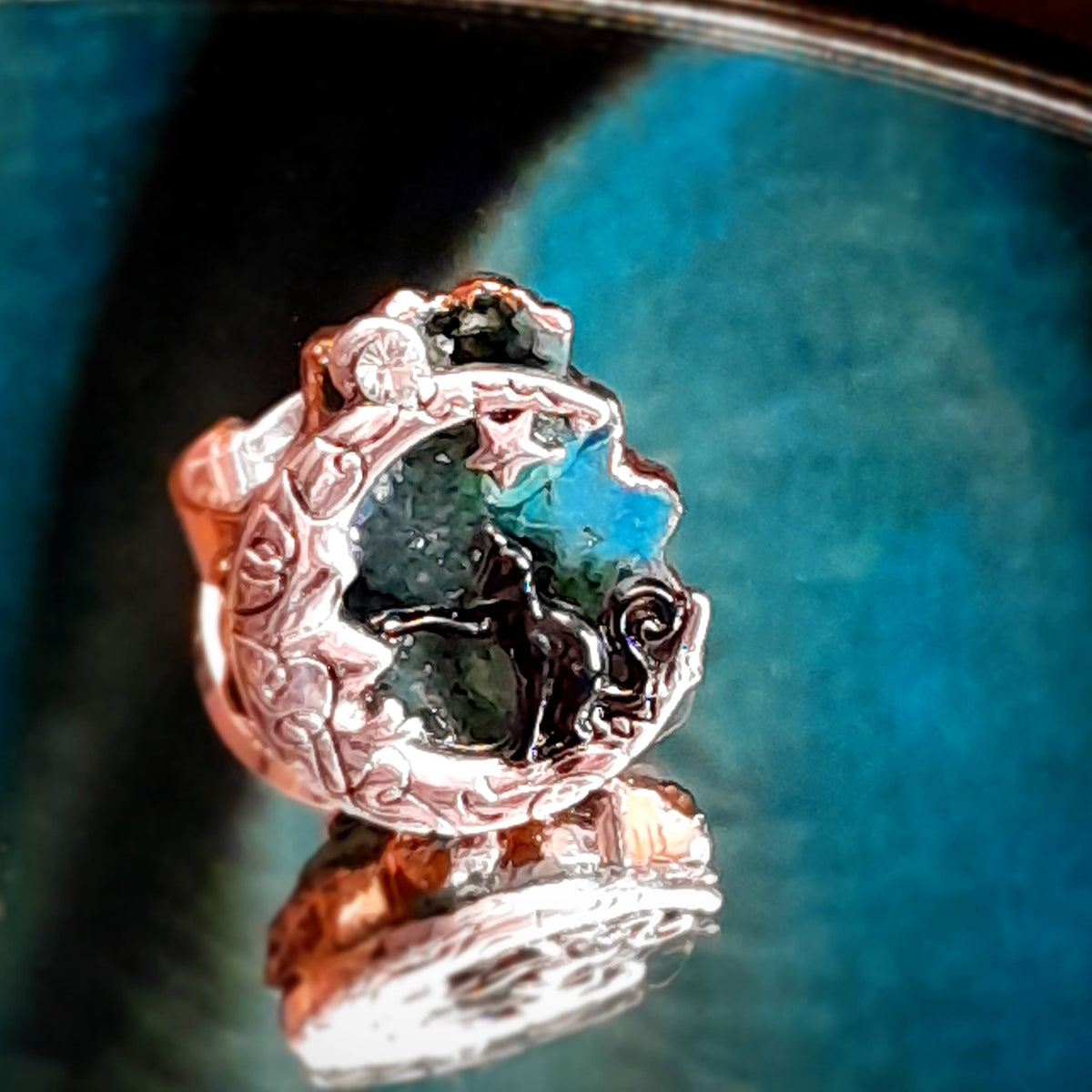 Adjustable Ring Green Geode Cat & Moon