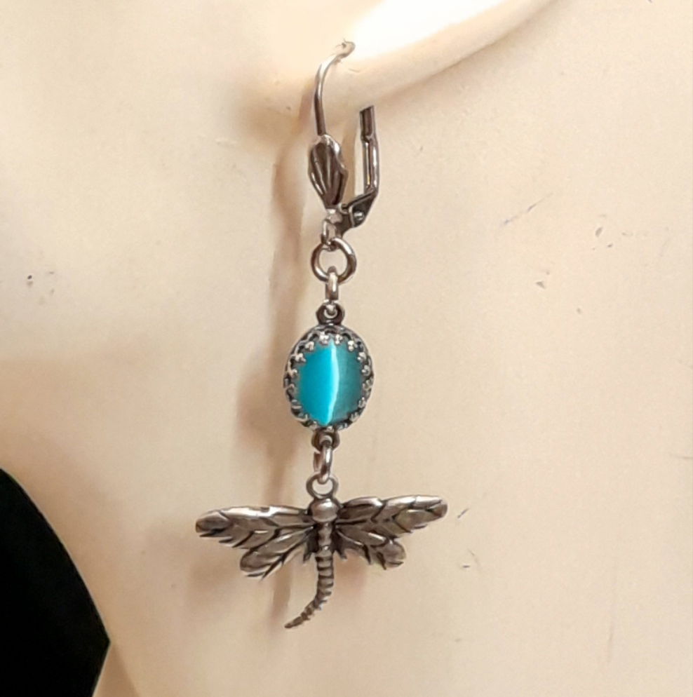 Turquoise Dragonfly Earrings Cat's Eye