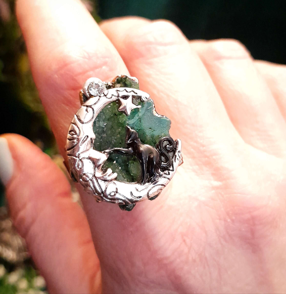 Adjustable Ring Green Geode Cat & Moon
