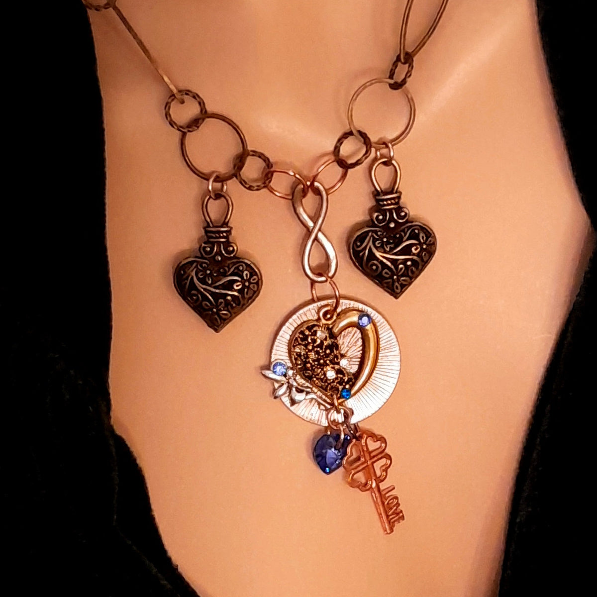 Matching necklace set heart with filigree lockets and sapphire blue Swarovski crystals, Victorian style vintage style handmade fantasy jewelry