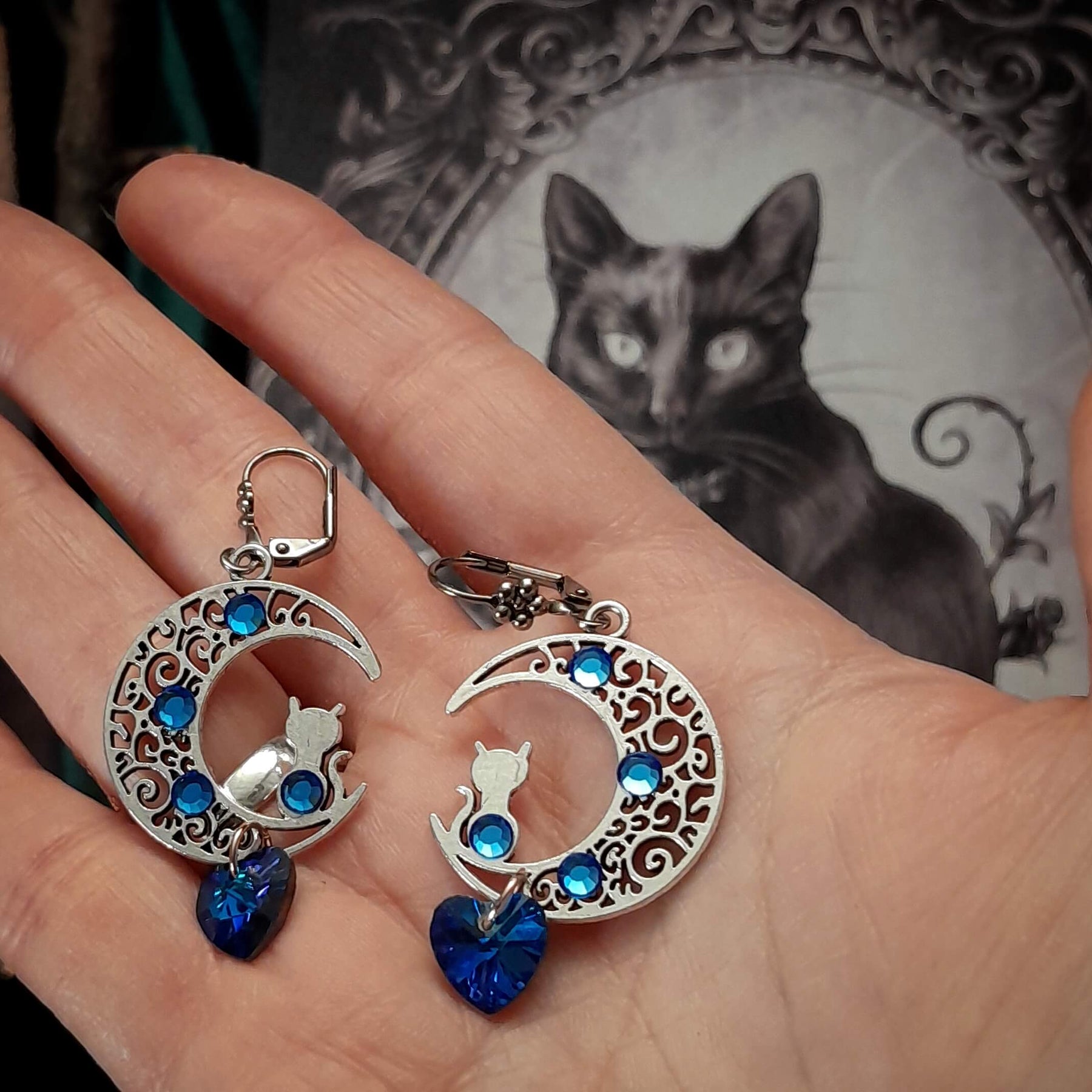 Blue Cat Moon Heart Earrings