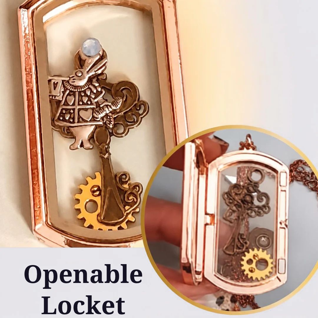 Necklace Locket Rectangle Openable Pendant Alice in Wonderland