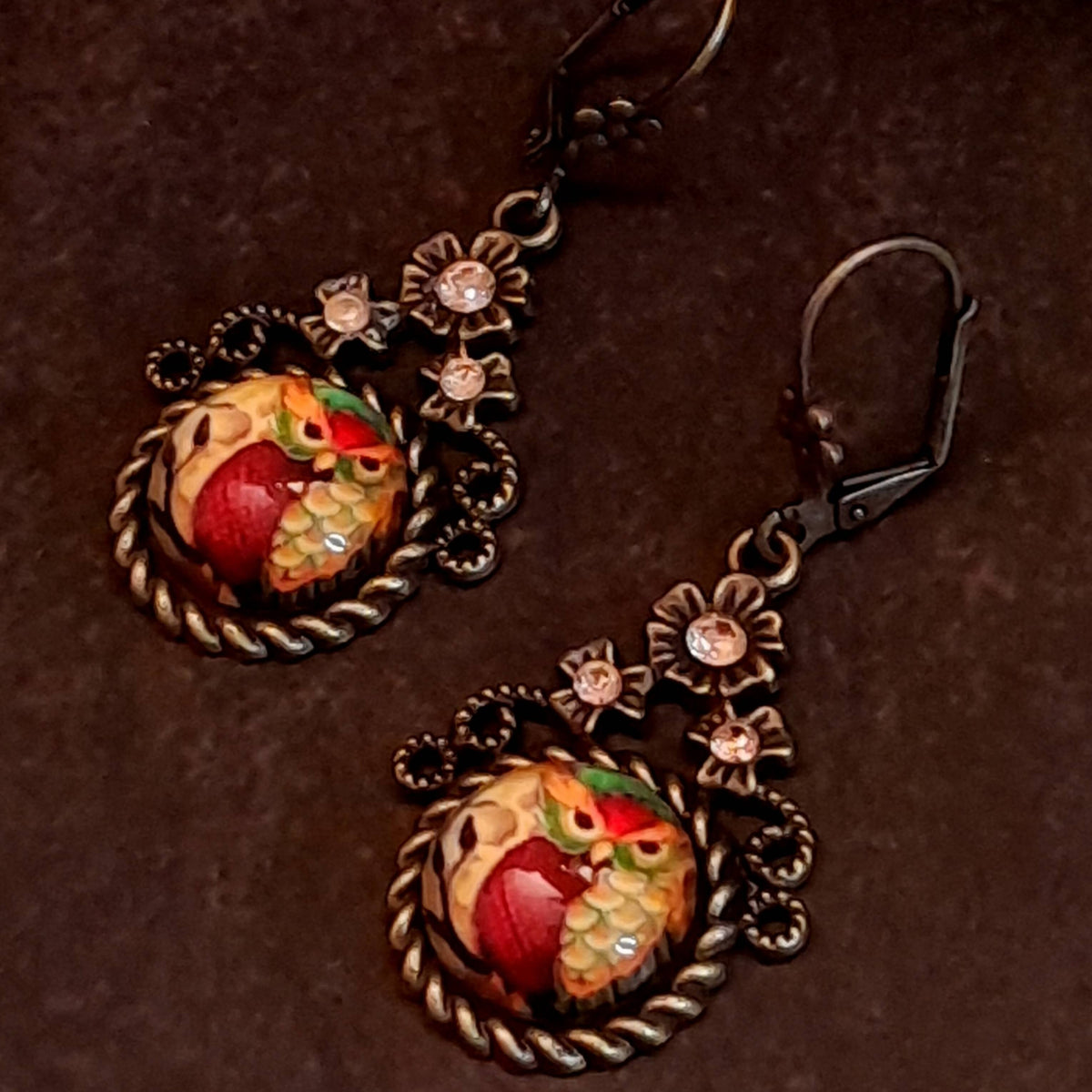 small earrings victorian vintage style with owl cabochins and swarovski crystals