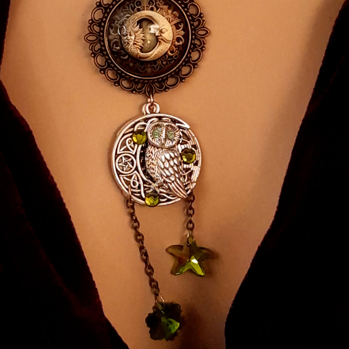 Moon sun cabochon necklace with a double sided owl and green swarovski crystals