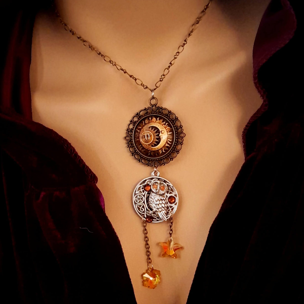 bohemian necklace moon and sunn cabochon owl and yellow crystal star and flower
