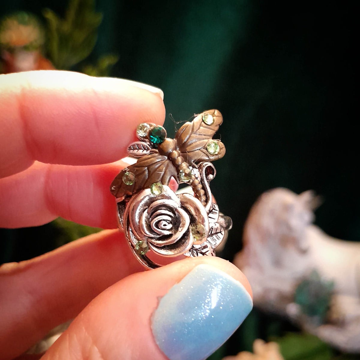 Dragonfly Rose Emerald Green Crystal Ring - Size 10