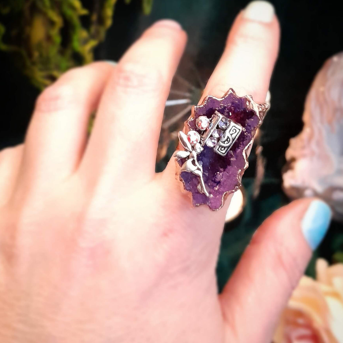 Adjustable Ring Purple Geode Statement
