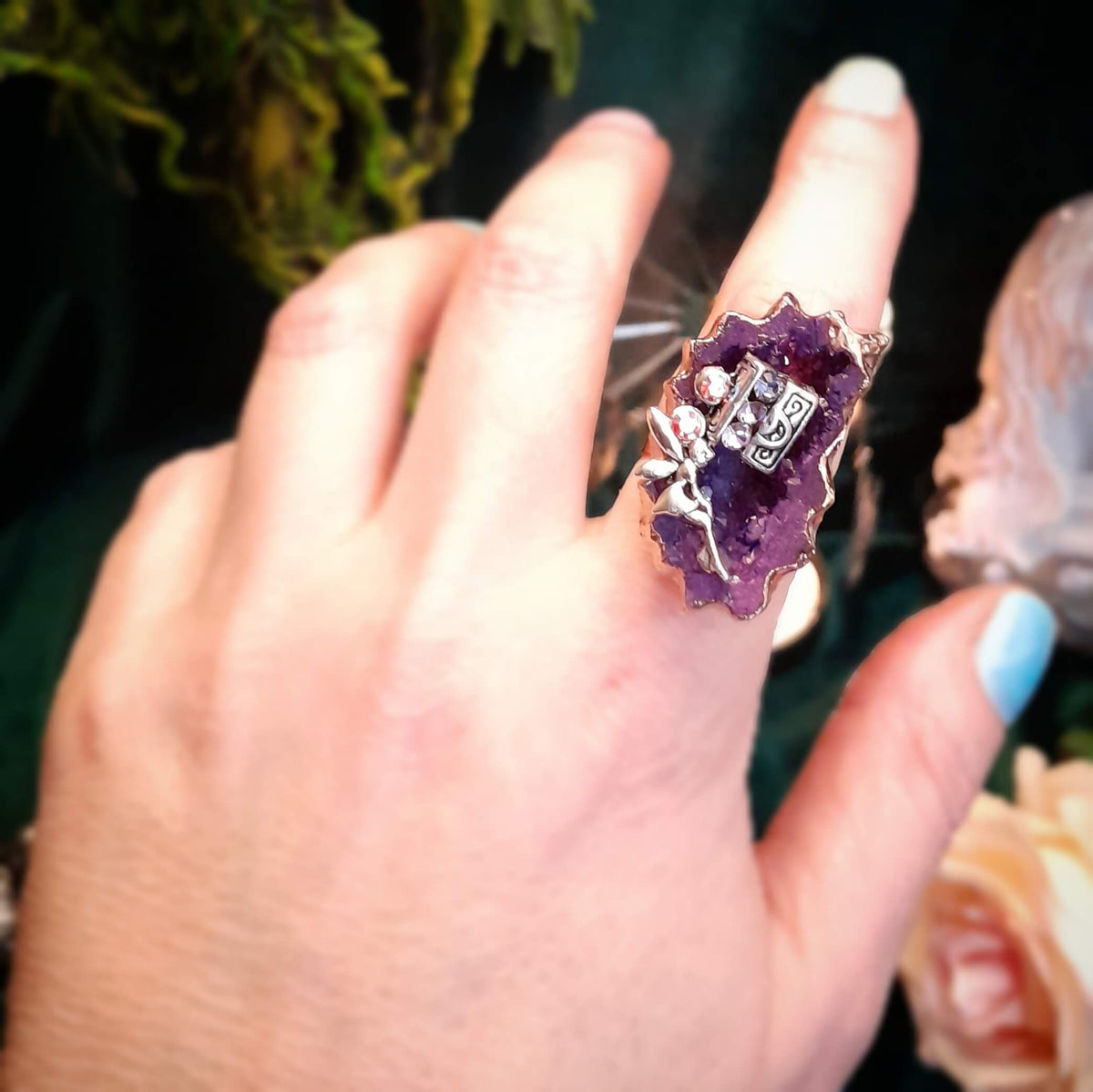 Adjustable Ring Purple Statement Geode