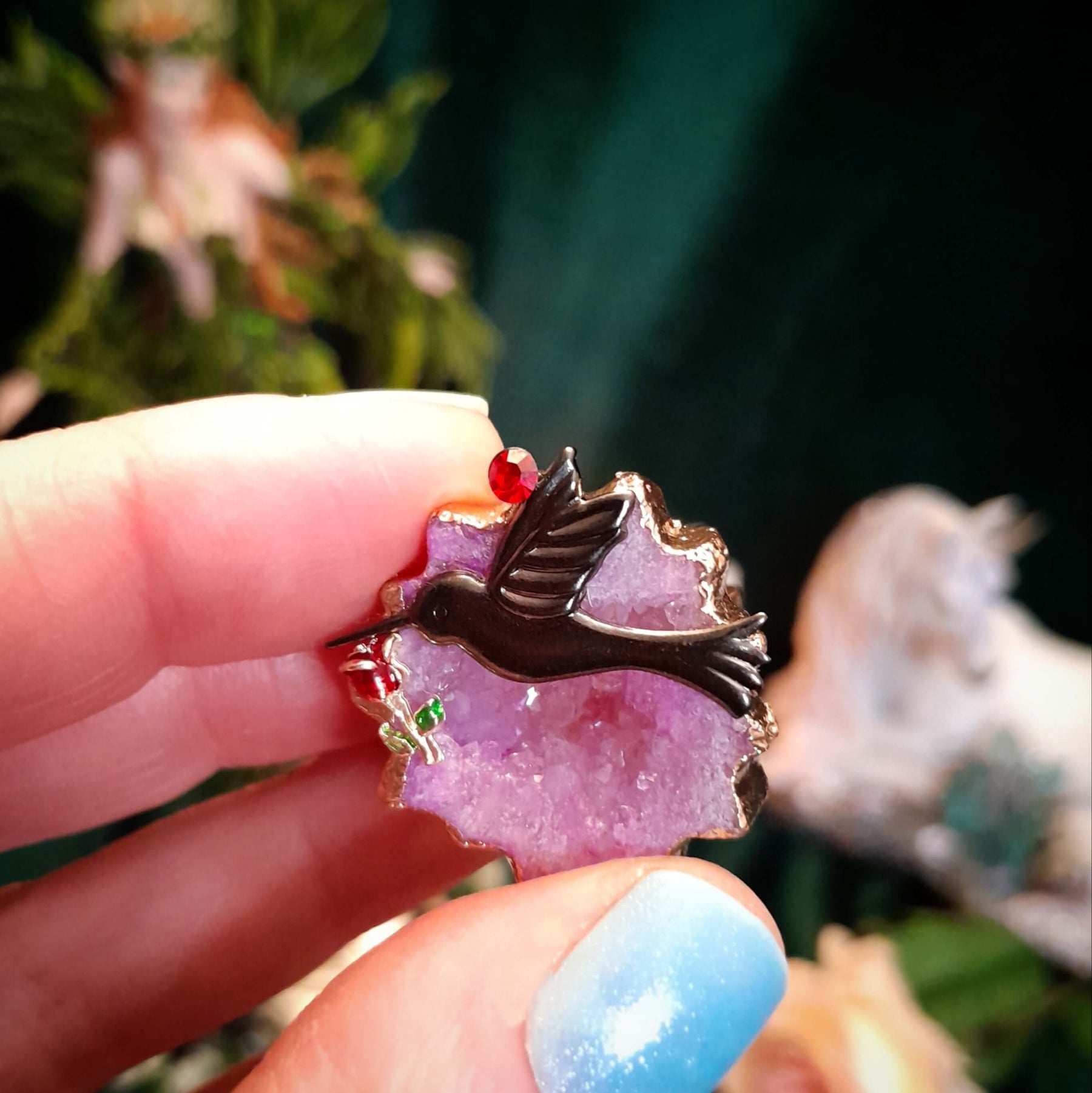 Adjustable Ring Pink Geode Hummingbird