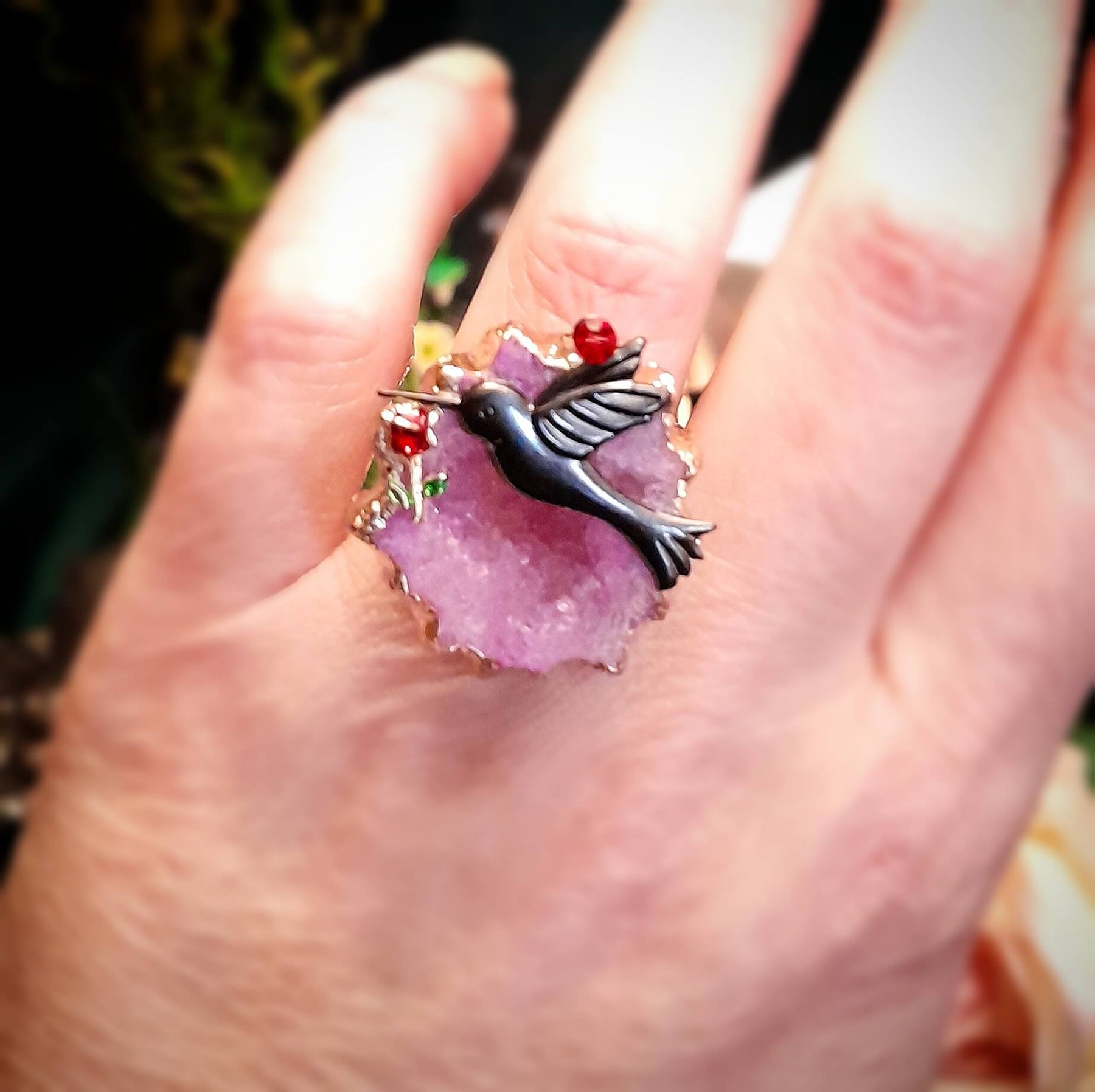Adjustable Ring Pink Geode Hummingbird