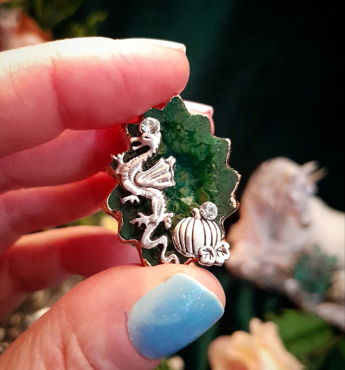 Adjustable Ring Green Geode Dragon