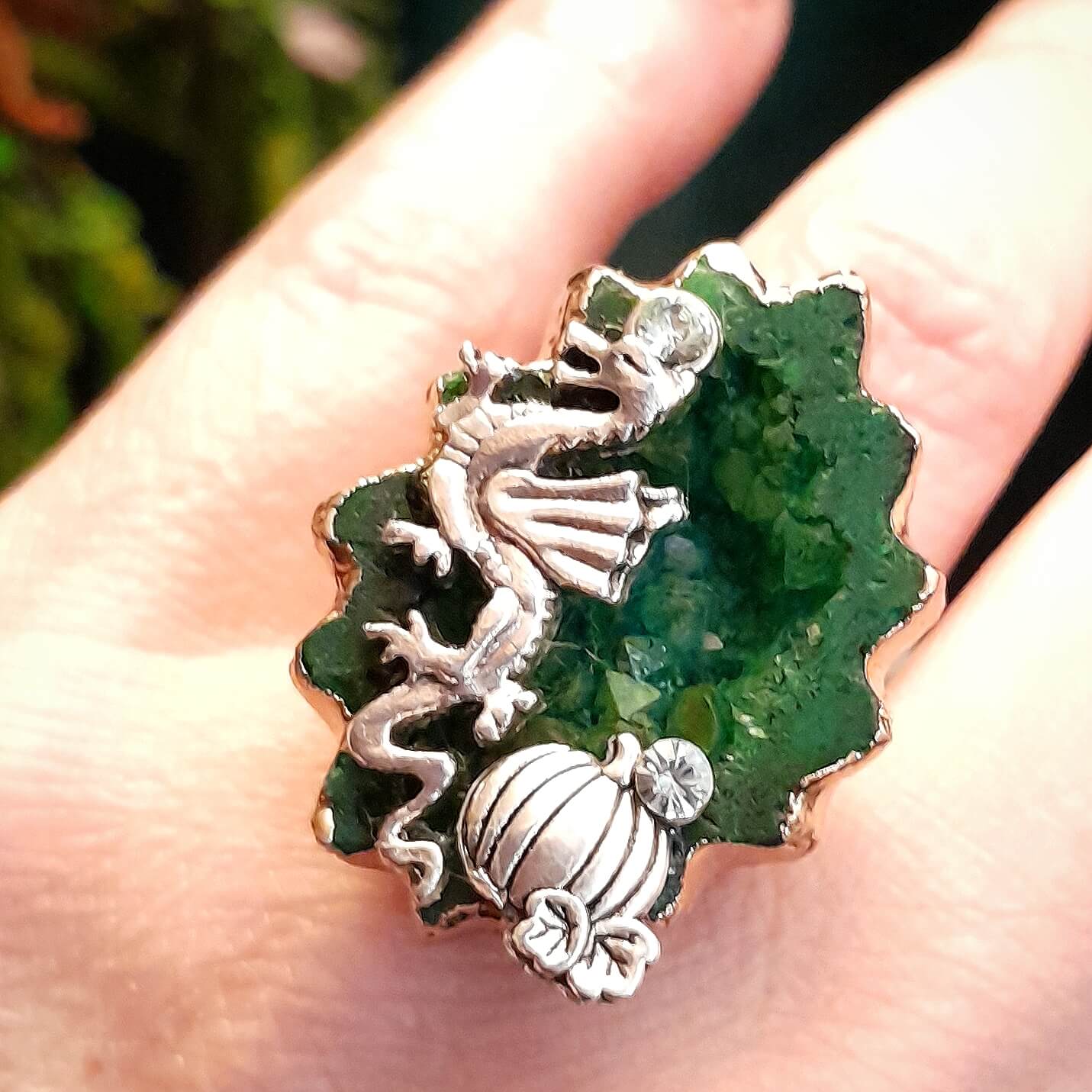 Adjustable Ring Green Geode Dragon