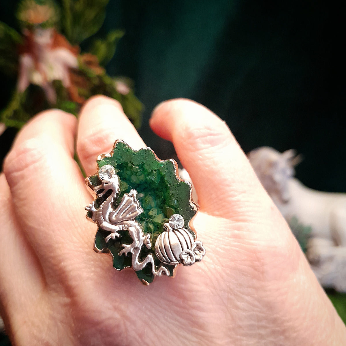 Adjustable Ring Green Geode Dragon