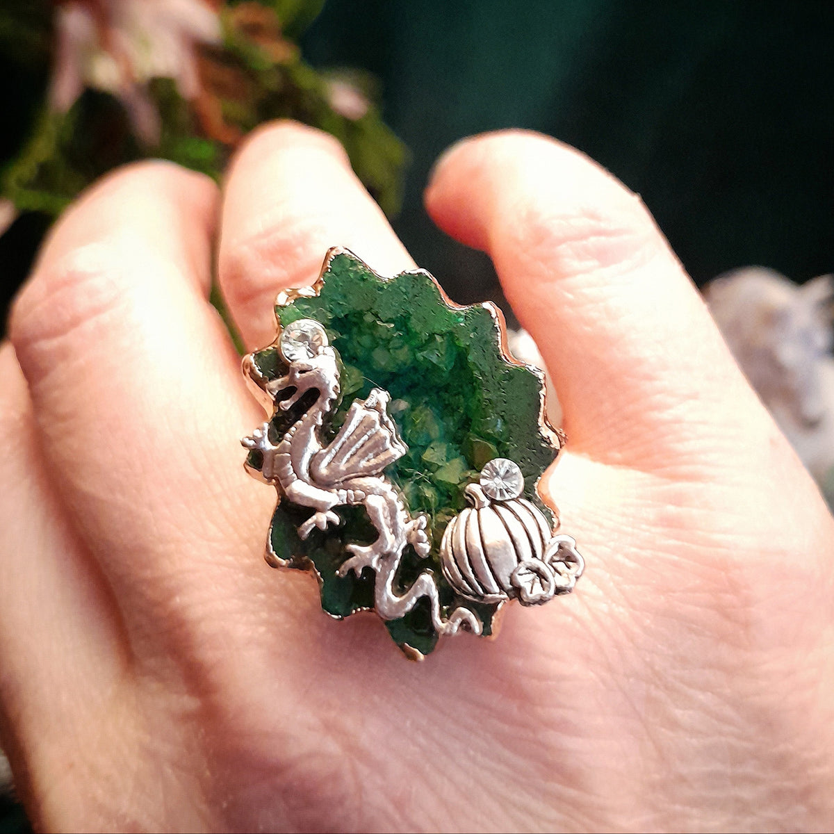 Adjustable Ring Green Geode Dragon