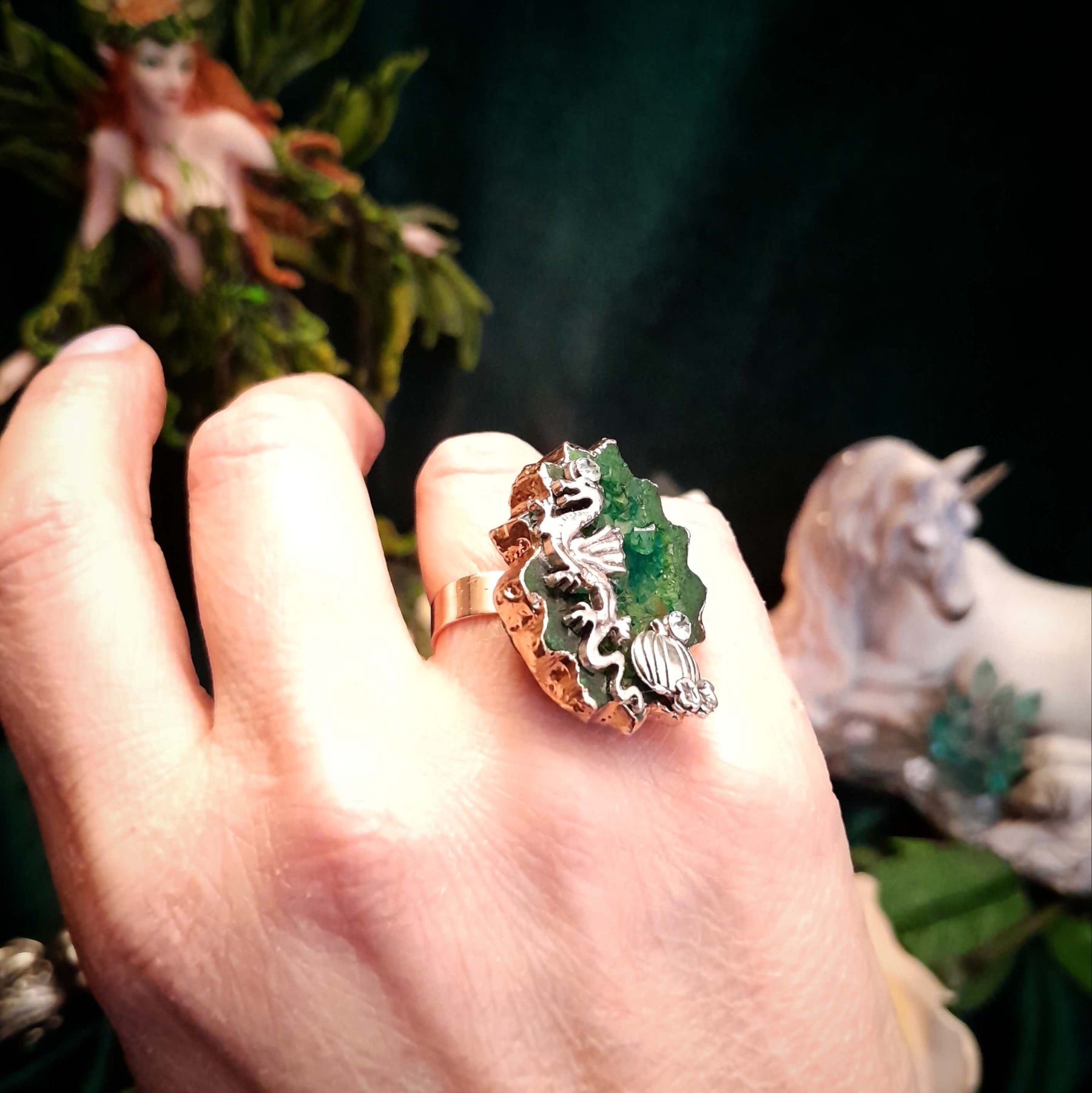 Adjustable Ring Green Geode Dragon