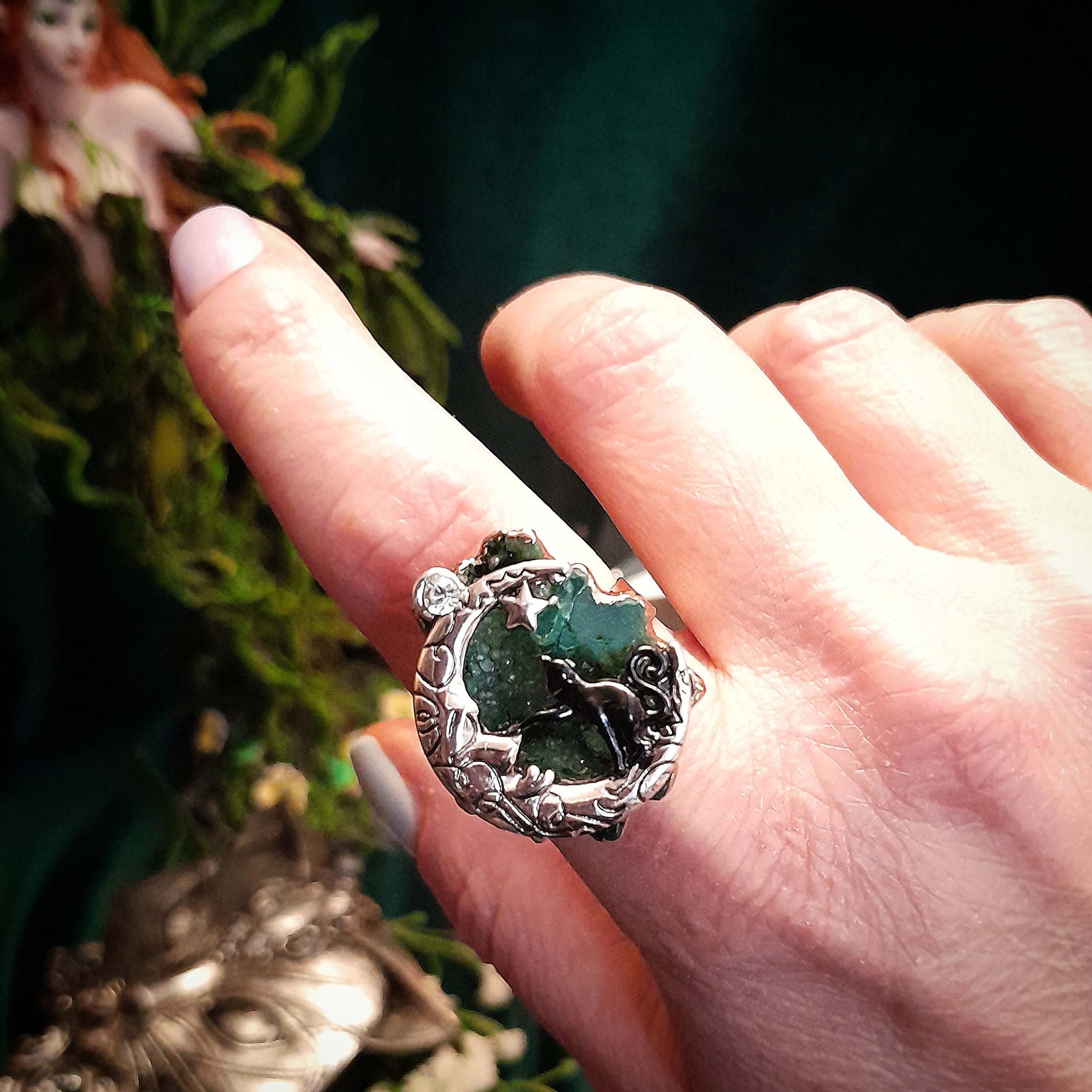 Adjustable Ring Green Geode Cat & Moon