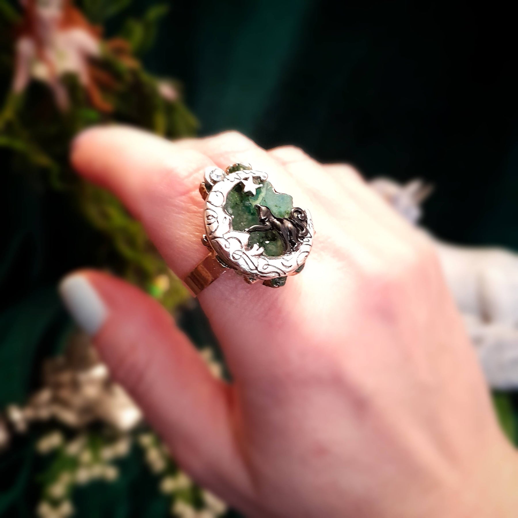 Adjustable Ring Green Geode Cat & Moon