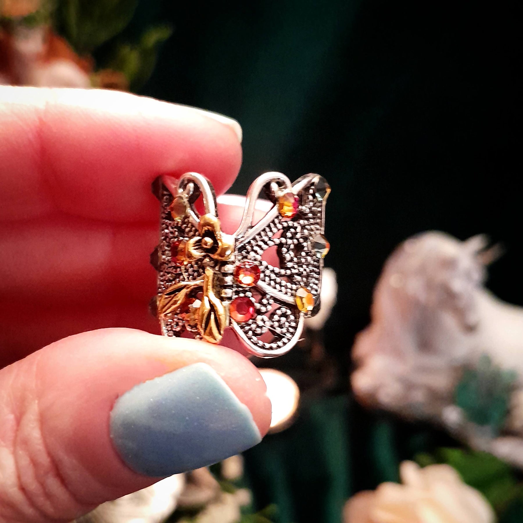 Butterfly Flower Filigree Ring - Size 7